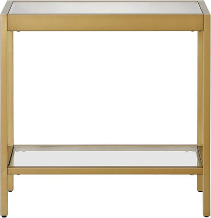 Henn&Hart 24" Wide Rectangular Rectangular Side Table in Brass, Table for Living Room, Bedroom | Two-tiered glass shelves with a metal frame, offering open display space for living rooms, offices, or bedrooms