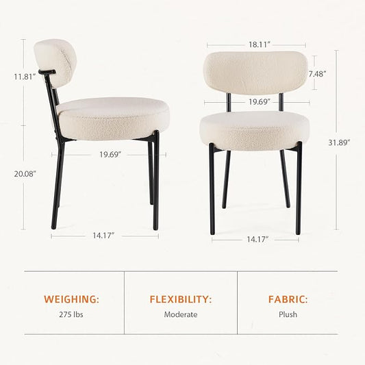Sweetcrispy Dining Chairs Set of 2, Boucle Upholstered Modern Mid Century Round Kitchen Chairs with Curved Backrest & Metal Legs for Vanity, Living Room - Beige