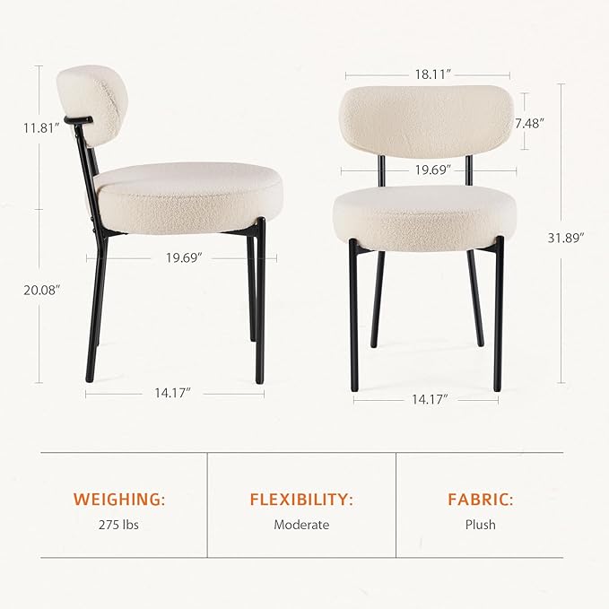 Sweetcrispy Dining Chairs Set of 4, Boucle Upholstered Modern Mid Century Round Kitchen Chairs with Curved Backrest & Metal Legs for Vanity, Living Room - Beige