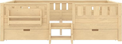 Queen Platform Bed with Drawers and Bookshelves, Kids Platform Bed Frame with Low-profile Stairs and Full-length Guardrails, Queen Bed Frame for Boys, Girls, No Box Spring Needed, Light Nature