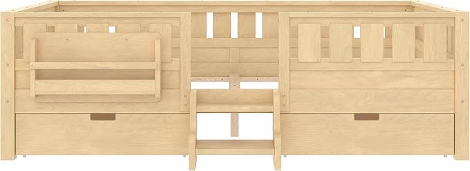 Bellemave Queen Bed with Storage Drawers & Bookshelf, Low Profile Kids Bed Frame with Staircase & Full Length Guardrails, Solid Wood Queen Bed for Kids with Slats Load 550LBS, Easy Assembly, Natural