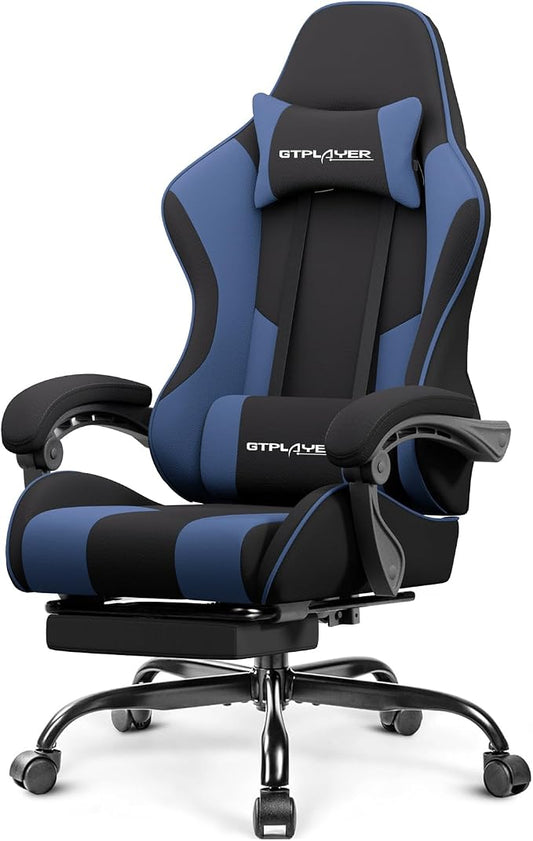 GTPLAYER Gaming Chair, Computer Chair with Footrest and Lumbar Support, Height Adjustable Game Chair with 360°-Swivel Seat and Headrest and for Office or Gaming (Blue, Fabric)