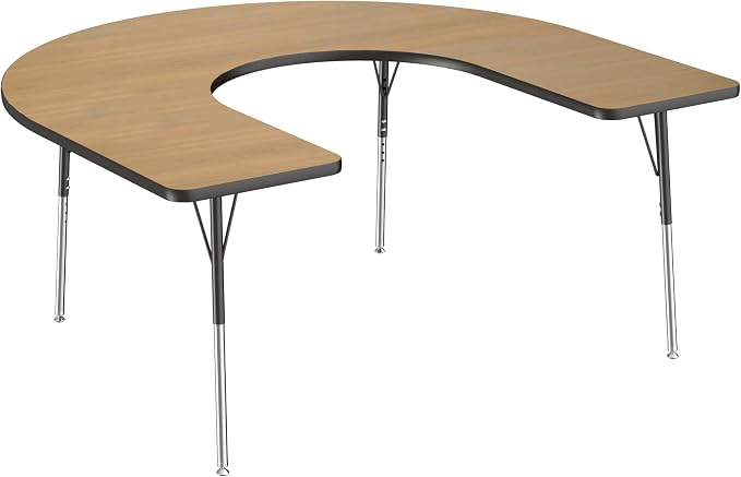 FDP Horseshoe (60 x 66 inch) Collaborative Teacher Classroom Table with Adjustable Standard Swivel Glide Legs (19-30 in) School and Office Furniture - Pasadena Oak Top/Black Edge and Legs