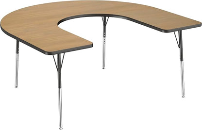 FDP Horseshoe (60 x 66 inch) Collaborative Teacher Classroom Table with Adjustable Standard Swivel Glide Legs (19-30 in) School and Office Furniture - Pasadena Oak Top/Black Edge and Legs