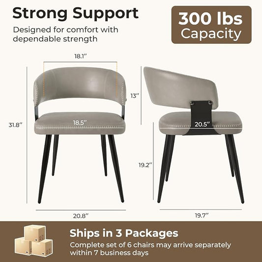 Dining Chairs Set of 6, Modern Upholstered Faux Leather Kitchen Chairs with Elegant Stitching, Easy to Assemble & Clean for Dining Room, Restaurant, Cafe, Matte Gray
