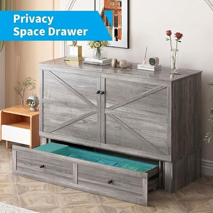 Mjkone Queen Size Murphy Bed with Tri-Folding Mattress, Farmhouse Murphy Cabinet with USB Charging Station, Modern Cabinet Beds with Large Storage Drawers for Living Room Home Office, Gray