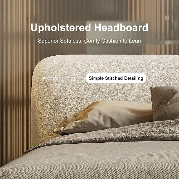 homary Queen Size Upholstered Bed Frame with 2 Three-Drawer Nightstands – Modern Bedroom Set with Wireless Charging, USB Ports, Faux Leather & Bouclé Upholstered Bed Platform with Headboard