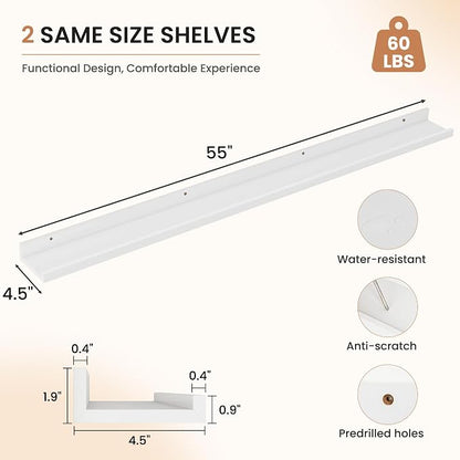 Dreamland Picture Ledge Shelf for Wall, Floating Shelves Set of 2,55 inch Long Floating Shelves with Lip for Living Room,Bedroom,Bathroom,Kitchen,White