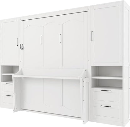 Merax Queen Size Murphy Bed with Desk, Multifunctional Foldable Wall Bed with Closet, Drawers and Shelves, Space-Saving Wood Platform Bed Frame for Small Spaces Studio Study Office Guest Room, White
