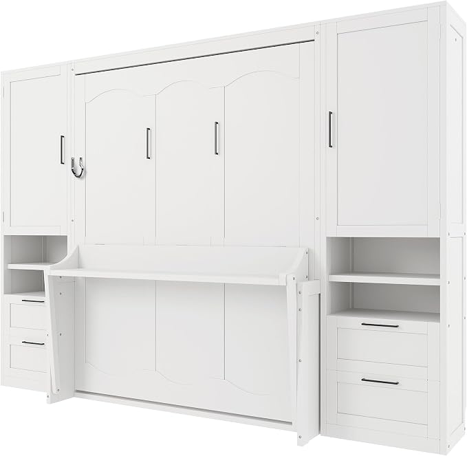 Merax Queen Size Murphy Bed with Desk, Closet, Drawers and Shelves, Fold into the Wall, Space-Saving Foldable Wood Platform Bed Frame for Small Spaces Studio Study Office Guest Room, White