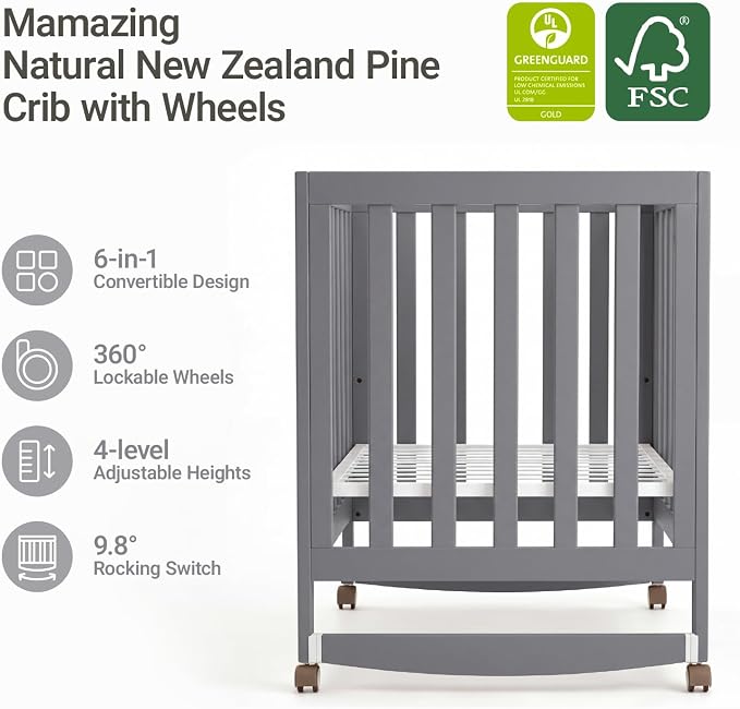 MAMAZING EvoNest 6-in-1 Convertible Baby Mini Crib with Wheels, GREENGUARD Gold Certified, 4 Adjustable Mattress Heights, 100% New Zealand Pine Wood, Portable Crib for Small Spaces, Gray