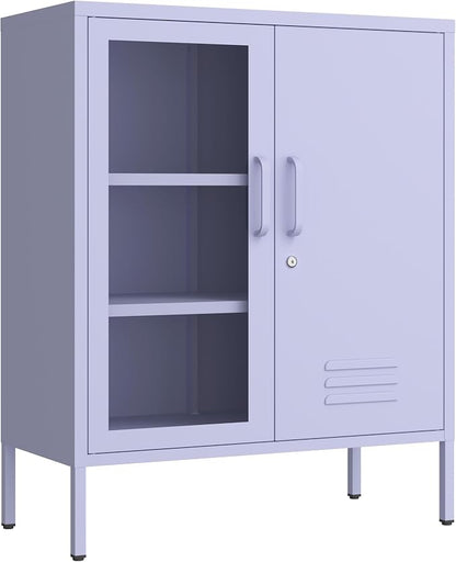 33" Tall Purple Metal Locker Storage Cabinet with Lock Left Glass Door and Right Metal Door 2 Adjustable Shelves Steel Storage Organizer for Foyer Living Room Size：33" H X 29.5" W X 13.8" D