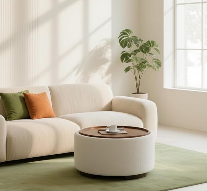 29.5 Inch Round Storage Ottoman Coffee Table,Modern Circle Coffee Table with Storage with Removable Lid Top and Solid Wood Legs,Large Round Ottoman for Bedroom,Living Room,Teddy Fleece,Beige