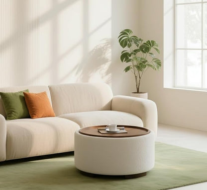 29.5 Inch Round Storage Ottoman Coffee Table,Modern Circle Coffee Table with Storage with Removable Lid Top and Solid Wood Legs,Large Round Ottoman for Bedroom,Living Room,Teddy Fleece,Beige