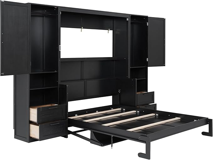 Merax Queen Size Murphy Bed with Desk, Multifunctional Foldable Wall Bed with Closet, Drawers and Shelves, Space-Saving Wood Bed Frame for Small Space Studio Study Office Guest Room, Black(Oak Veneer)