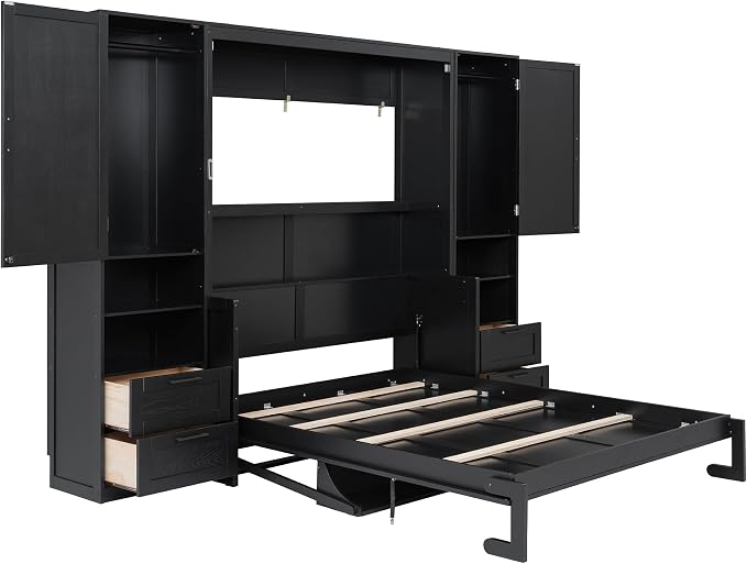 Merax Queen Size Murphy Bed with Desk, Closet, Drawers and Shelves, Fold into The Wall, Space-Saving Foldable Wood Platform Bed Frame for Small Spaces Studio Study Office Guest Room, Black(Oak Veneer)