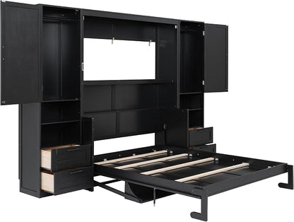 Merax Queen Size Murphy Bed with Desk, Closet, Drawers and Shelves, Fold into The Wall, Space-Saving Foldable Wood Platform Bed Frame for Small Spaces Studio Study Office Guest Room, Black(Oak Veneer)