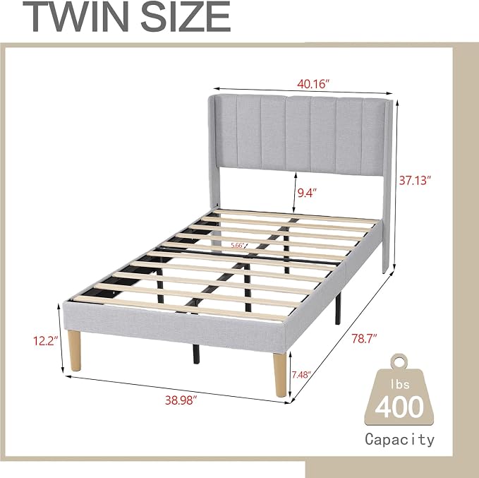 AGARTT Upholstered Platform Bed Frame Twin Size with Headboard and Footboard/Wooden Slats Support/No Box Spring Needed/Easy Assembly,Light Grey Linen