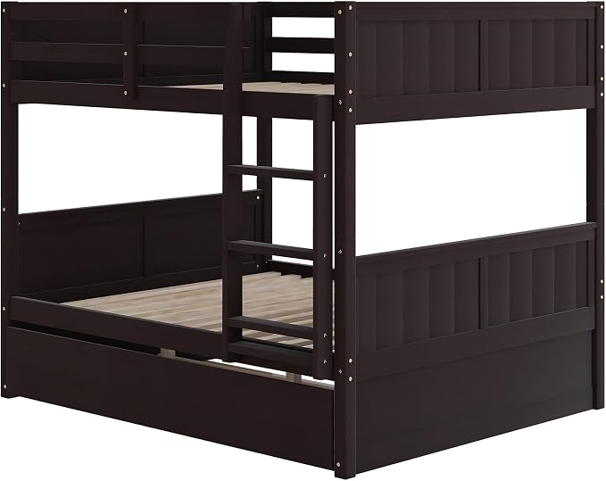 Merax Trundle Bunk Bed, Full Over Full Wood Bunk Bed with Twin Size Trundle, Guardrail and Ladder, Can be Separated into 2 Beds, Espresso