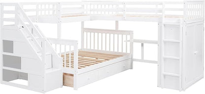 L-Shaped Bunk Bed for 4 Kids, Twin-Twin Over Full with 3 Drawers, Portable Desk and Wardrobe, Solid Wood Bedframe with Stairs and Full-Length Guardrails, No Box Spring Needed (White)