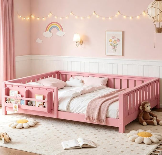 Bellemave Queen Size Floor Bed with high Rails and with Built-in Bookshelf for Kids, Girls, Boys, Wood Montessori Floor Bed Without Door, Pink