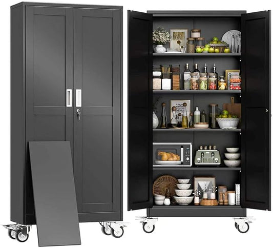 71" H Metal Pantry Storage Cabinet with Wheels,Rolling Kitchen Pantry Cabinet with 2 Doors and 4 Adjustable Shelves, Locker Steel Pantry,Organization Pantry for Garage,Home,Gym,School,Black