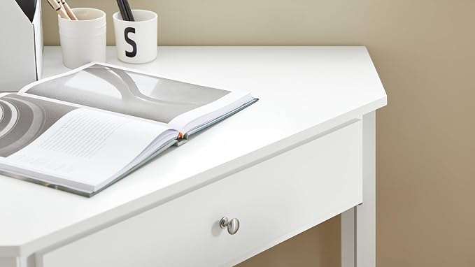 Haotian Small Corner Desk, Triangle Computer Desk with Drawer and Ladder Shelf, Home Office Writing Vanity Table, White FWT31-W