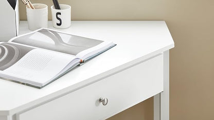 Haotian Small Corner Desk, Triangle Computer Desk with Drawer and Ladder Shelf, Home Office Writing Vanity Table, White FWT31-W