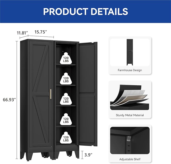 COFaR 67'' Tall Narrow Bathroom Storage Cabinet, Metal Farmhouse Skinny Pantry Cabinet with 4 Adjustable Shelves and One Door, Slim Cabinet Storage for Kitchen Garage, 5-Tier Black