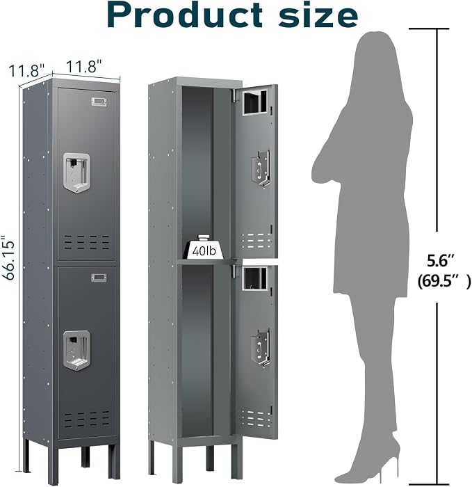BUTISOW Metal Lockers - 66" Height Steel Lockers for Employees with 2 Door Storage Locker with Card Slot for Employees Gym School Home Office Garage - Assembly Required