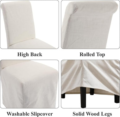 chairus Slipcovered Parsons Dining Chairs Set of 2, Upholstered Dining Room Chairs with Washable Linen Cover & High Back, Modern Farmhouse Wooden Side Kitchen Chairs, Cream White