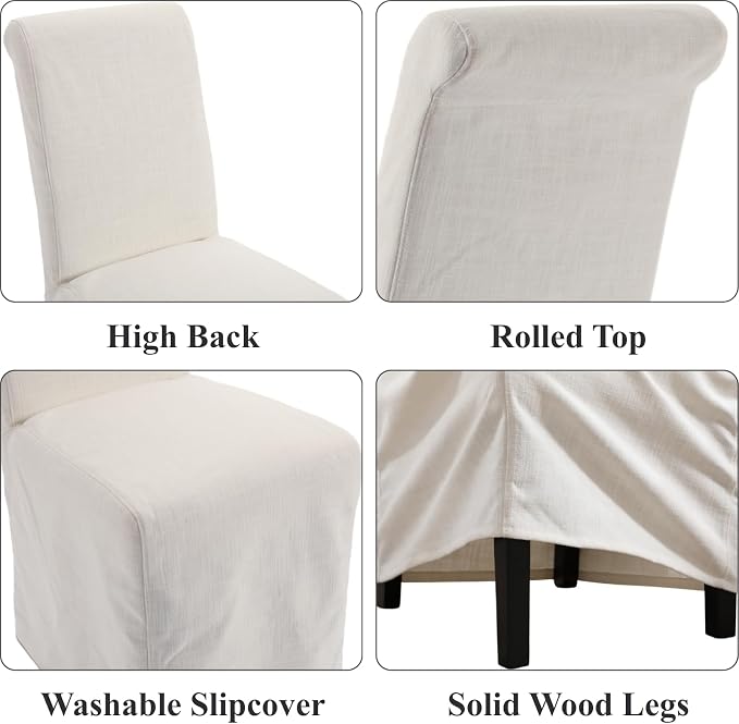 chairus Slipcovered Parsons Dining Chairs Set of 4, Upholstered Dining Room Chairs with Washable Linen Cover & High Back, Modern Farmhouse Wooden Side Kitchen Chairs, Cream White