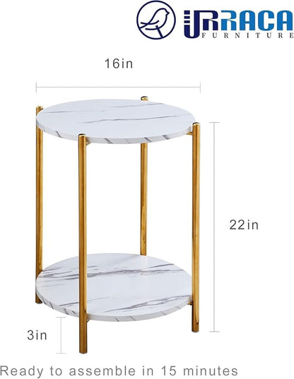 Set of 2 Small Round Side Tables, 2-Tier Faux Marble Gold End Tables | Modern Accent Furniture for Couch, Living Room or Bedroom, Space-Saving Nightstand Design