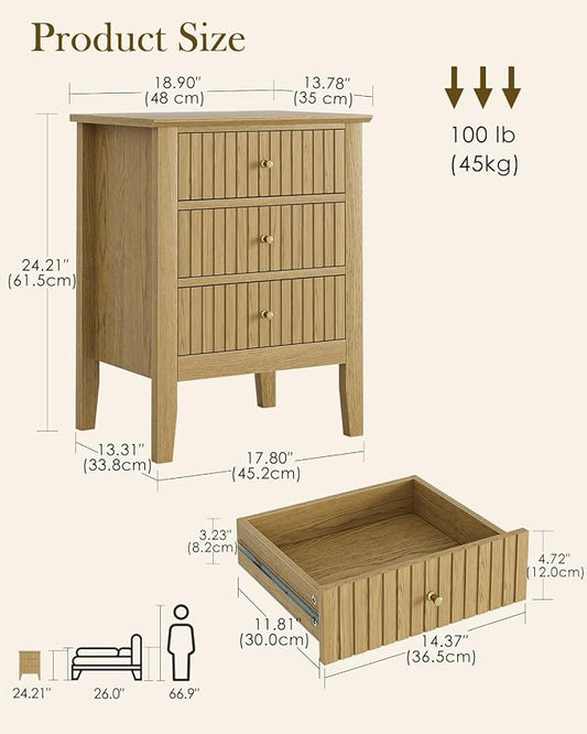 Fluted Nightstand, Farmhouse Night Stand with 3 Drawers, Mid Century Modern Side Accent Table,Bedside End Table for Bedroom, Living Room, Oak