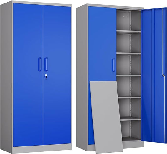 Yizosh Metal Garage Storage Cabinet with 2 Doors and 5 Adjustable Shelves - 71" Steel Lockable File Cabinet,Locking Tool Cabinets for Office,Home,Garage,Gym,School (Gray Blue)