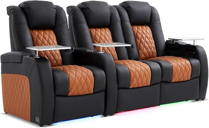 Weilianda Home Theater Seating Top Grain Leather Zero Gravity Recliner Chair Power Headrest Recline Movie Seat Gaming 7 Colors Mood Light Sofa with Tray Table Row of 3 Loveseat Right Black Camel