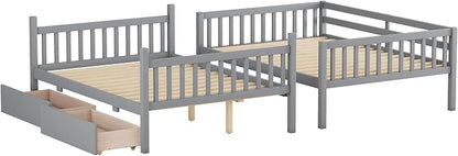 Harper & Bright Designs Full Over Full Bunk Bed with 2 Drawers, Convertible into 2 Beds, Bunk Bed with Ladder and Safety Guardrails, Gray