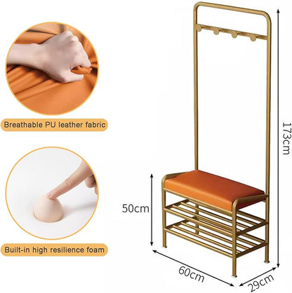 Narrow Hall Tree Storage Bench for Entryway, Coat Rack Shoe Bench Metal, Freestanding Coat Tree with Storage Shelf and Hooks, Entryway Bench with Shoe Storag(Orange-60 x 29 x 173 cm
