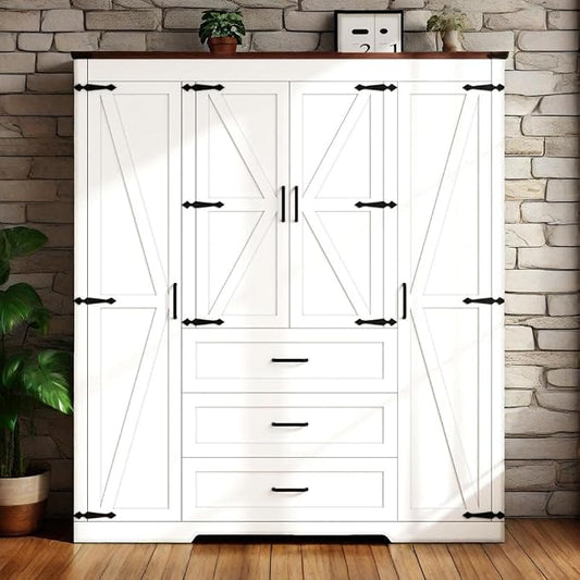 70" Tall Armoire Wardrobe Closet with 4 Doors & 3 Drawers, Farmhouse Bedroom Storage Cabinet with Hanging Rod, Freestanding Wooden Armoire Wardrobe Closet, White