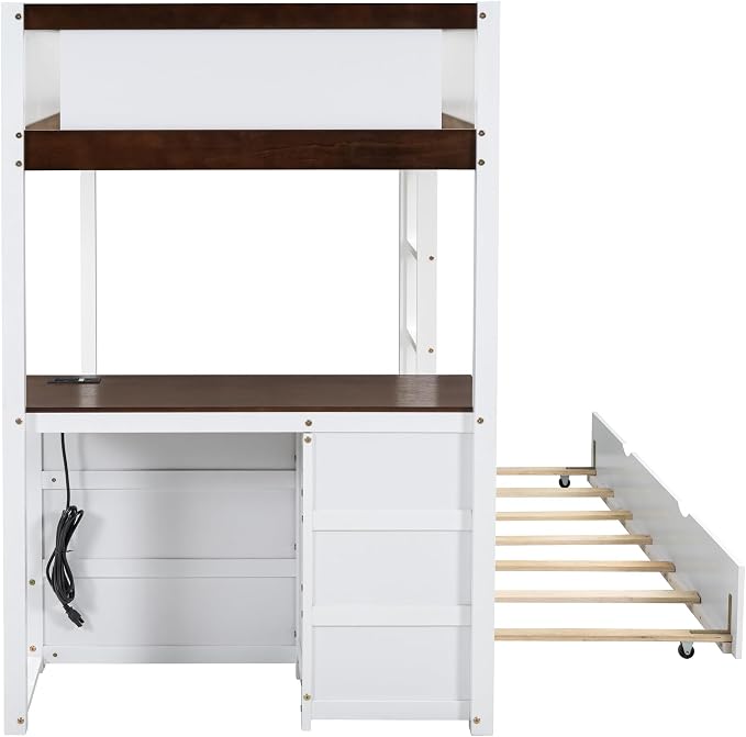 Ball & Cast Twin-Over-Twin Bunk Bed with Twin Size Trundle,Solid Wood Bedframe W/Desk & Drawers,USB,Space Saving,Easy Assembly,Multifunctional Bedroom Furniture Set for Boys Girls Teens,White+Walnut