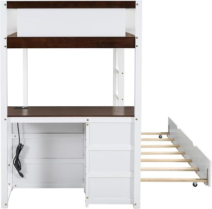 Ball & Cast Twin-Over-Twin Bunk Bed with Twin Size Trundle,Solid Wood Bedframe W/Desk & Drawers,USB,Space Saving,Easy Assembly,Multifunctional Bedroom Furniture Set for Boys Girls Teens,White+Walnut