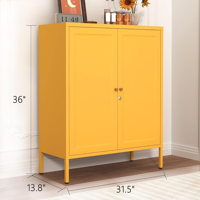 36" H Metal Storage Cabinet with Recessed Door & 2 Adjustable Shelves, Freestanding Metal Sideboard Organizer for Kitchen, Living Room, Entryway, Yellow
