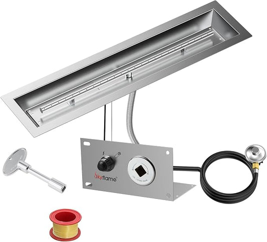 Skyflame 30 x 6 Inch Liner Fire Pit Pan Kit, Stainless Steel Drop-in Fire Pit Pan and Burner, Come with Spark Ignition and Propane Hose, Indoor/Outdoor Fire Table DIY Decorative