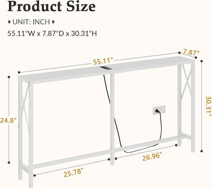 Gewudraw Console Table with Oulets and USB Ports, 55.1" Sofa Table Behind Couch, Industrial Long Skinny Stand for Hallway, Living Room, Bedroom, 6.5 Feet Power Cord, White