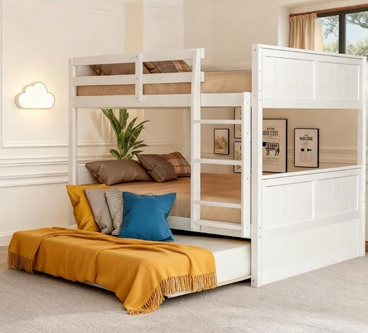 Bellemave Bunk beds Full Over Full with Twin Size Trundle, Low bunk Bed for Kids Adults and Teenagers，White