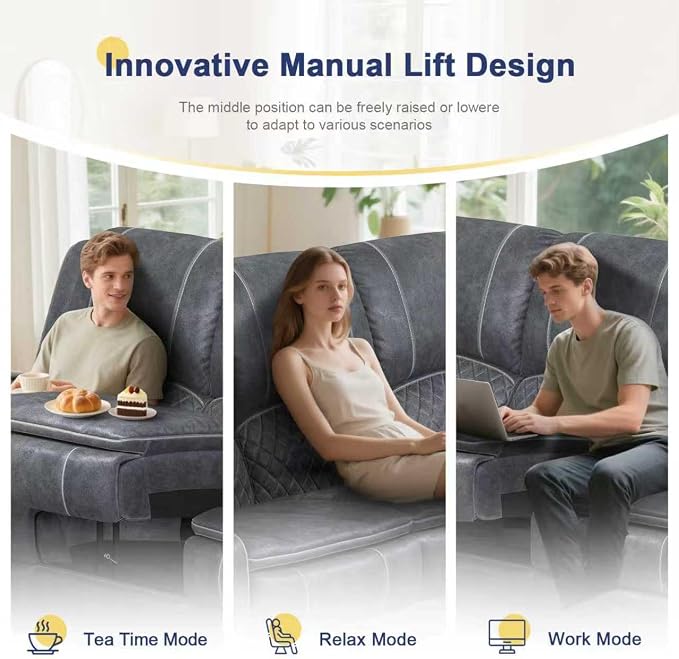 2026 Upgraded Recliner Sofa 3 Seater Couch with Recliner, Home Theater Seating with Liftable Console & Removable Armrest, Manual PU Leather Sofa Reclining with Storage & USB Ports (Velvet,Grey)