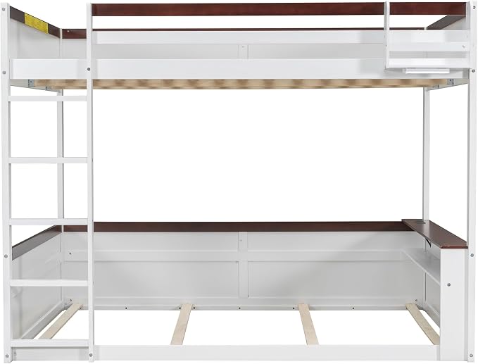 RUNNA Queen Bunk Bed with Shelves,Storage Box,LED,USB Charging,White | Queen bunk bed with shelves, storage box,LED light,USB charging, solid wood frame,guardrails,no box spring needed,white