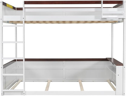 RUNNA Queen Bunk Bed with Shelves,Storage Box,LED,USB Charging,White | Queen bunk bed with shelves, storage box,LED light,USB charging, solid wood frame,guardrails,no box spring needed,white