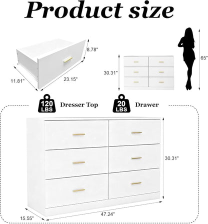 47" Modern White Dresser for Bedroom, 6-Drawer Wooden Chest of Drawers with Gold Handles,Wide Storage Cabinet for Living Room, Kid&Nursery Entryway