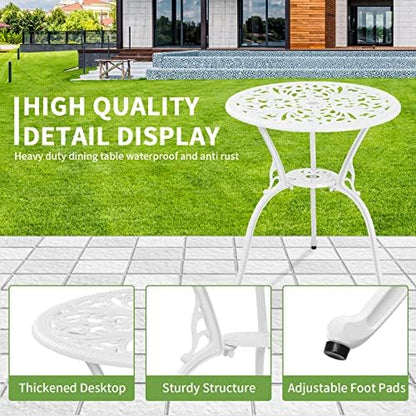 3 Piece Cast Aluminum Bistro Table and Chairs Set of 2 with Umbrella Hole Outdoor Bistro Set for Yard,Withe